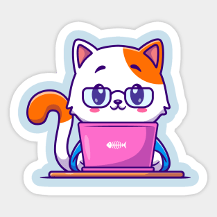 Cute Cat Working On Laptop Cartoon Sticker